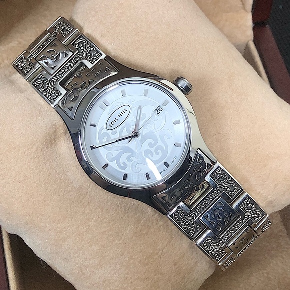 LOIS HILL Sterling Silver Large Round White Face Alternating Links Swiss Watch - Picture 4 of 17